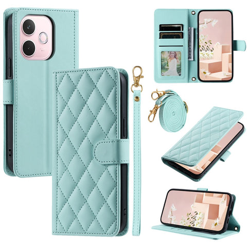 PU Leather Case for Oppo A5 Pro 5G (Global) / A5 Pro 4G (Global) / A5 Energy 5G (China) Wallet Rhombus Grid Phone Cover with Shoulder Strap / Wrist Strap