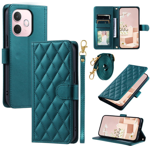 PU Leather Case for Oppo A5 Pro 5G (Global) / A5 Pro 4G (Global) / A5 Energy 5G (China) Wallet Rhombus Grid Phone Cover with Shoulder Strap / Wrist Strap