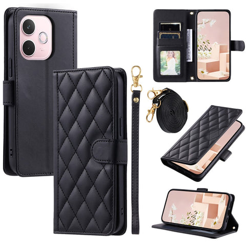 PU Leather Case for Oppo A5 Pro 5G (Global) / A5 Pro 4G (Global) / A5 Energy 5G (China) Wallet Rhombus Grid Phone Cover with Shoulder Strap / Wrist Strap