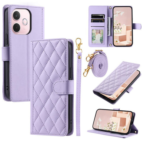 PU Leather Case for Oppo A5 Pro 5G (Global) / A5 Pro 4G (Global) / A5 Energy 5G (China) Wallet Rhombus Grid Phone Cover with Shoulder Strap / Wrist Strap