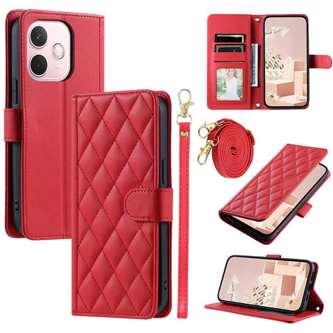PU Leather Case for Oppo A5 Pro 5G (Global) / A5 Pro 4G (Global) / A5 Energy 5G (China) Wallet Rhombus Grid Phone Cover with Shoulder Strap / Wrist Strap