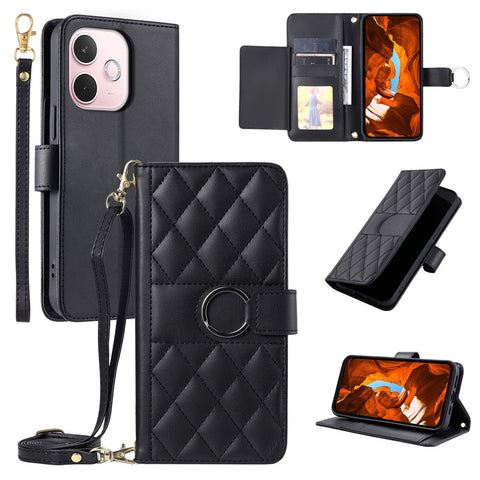 Crossbody Leather Case for Oppo A5 Pro 5G (Global) / A5 Pro 4G (Global) / A5 Energy 5G (China) Ring Buckle Wallet Stand Rhombus Mobile Cover