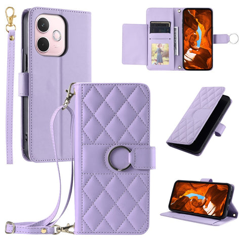 Crossbody Leather Case for Oppo A5 Pro 5G (Global) / A5 Pro 4G (Global) / A5 Energy 5G (China) Ring Buckle Wallet Stand Rhombus Mobile Cover