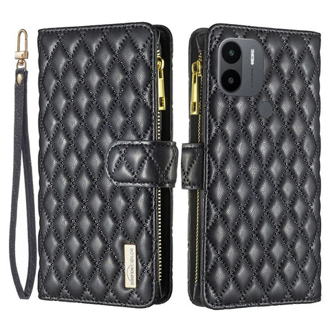 BINFEN COLOR BF Style-15 for Xiaomi Redmi A1 4G / A2 4G / A1+ 4G / A2+ 4G / Poco C50 4G PU Leather Zipper Pocket Phone Case Imprinted Rhombus Pattern Wallet Stand Cover with Strap