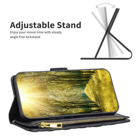 BINFEN COLOR BF Style-15 for Xiaomi Redmi A1 4G / A2 4G / A1+ 4G / A2+ 4G / Poco C50 4G PU Leather Zipper Pocket Phone Case Imprinted Rhombus Pattern Wallet Stand Cover with Strap