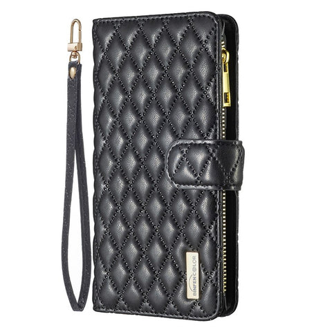 BINFEN COLOR BF Style-15 for Xiaomi Redmi A1 4G / A2 4G / A1+ 4G / A2+ 4G / Poco C50 4G PU Leather Zipper Pocket Phone Case Imprinted Rhombus Pattern Wallet Stand Cover with Strap