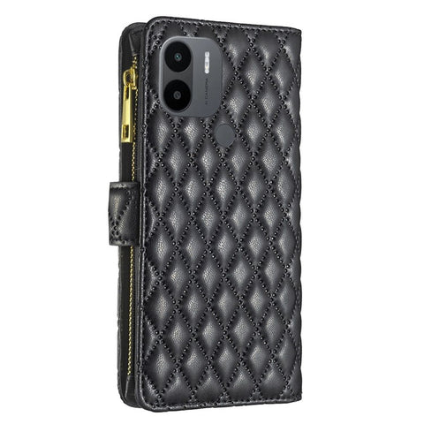 BINFEN COLOR BF Style-15 for Xiaomi Redmi A1 4G / A2 4G / A1+ 4G / A2+ 4G / Poco C50 4G PU Leather Zipper Pocket Phone Case Imprinted Rhombus Pattern Wallet Stand Cover with Strap