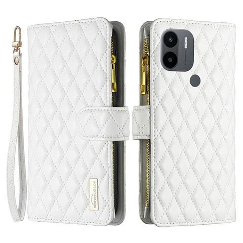 BINFEN COLOR BF Style-15 for Xiaomi Redmi A1 4G / A2 4G / A1+ 4G / A2+ 4G / Poco C50 4G PU Leather Zipper Pocket Phone Case Imprinted Rhombus Pattern Wallet Stand Cover with Strap