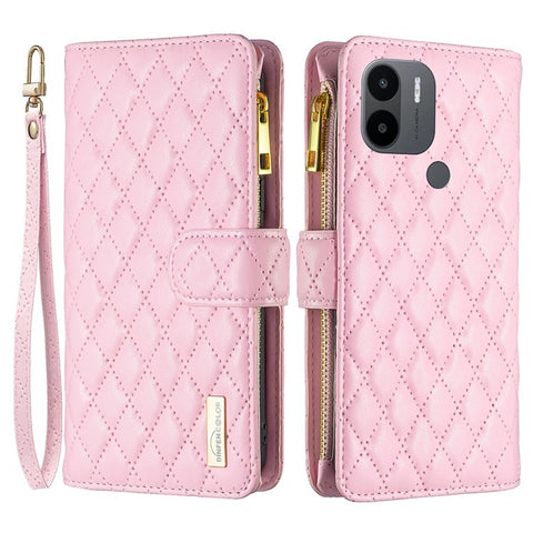 BINFEN COLOR BF Style-15 for Xiaomi Redmi A1 4G / A2 4G / A1+ 4G / A2+ 4G / Poco C50 4G PU Leather Zipper Pocket Phone Case Imprinted Rhombus Pattern Wallet Stand Cover with Strap