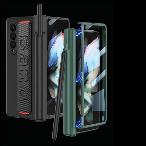 GKK For Samsung Galaxy Z Fold3 5G Magnetic Hinge Hard PC Case Full Protection Anti-Resistant Wristband Phone Cover with Tempered Glass Film and Pen Holder