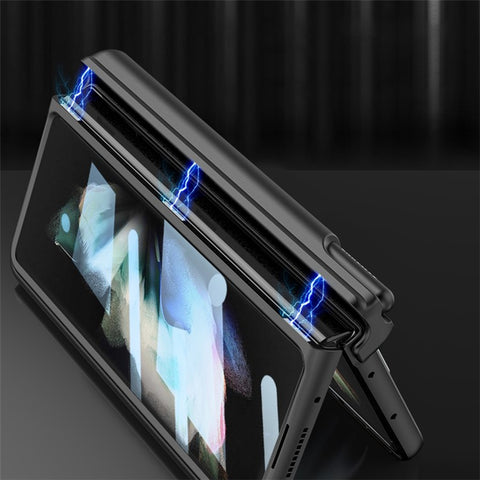 GKK For Samsung Galaxy Z Fold3 5G Magnetic Hinge Hard PC Case Full Protection Anti-Resistant Wristband Phone Cover with Tempered Glass Film and Pen Holder