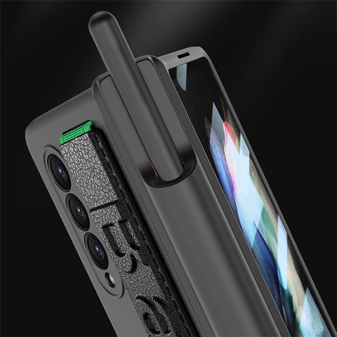 GKK For Samsung Galaxy Z Fold3 5G Magnetic Hinge Hard PC Case Full Protection Anti-Resistant Wristband Phone Cover with Tempered Glass Film and Pen Holder