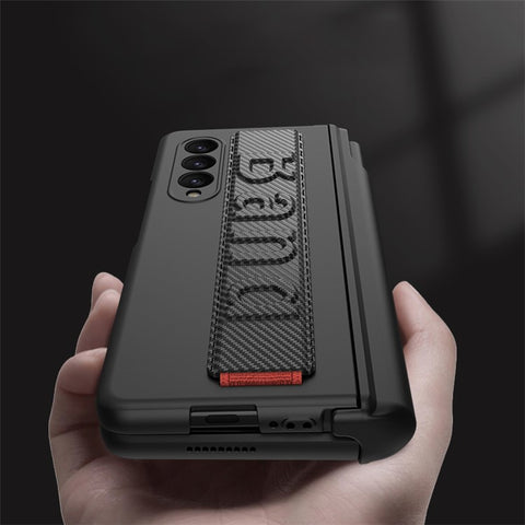 GKK For Samsung Galaxy Z Fold3 5G Magnetic Hinge Hard PC Case Full Protection Anti-Resistant Wristband Phone Cover with Tempered Glass Film and Pen Holder