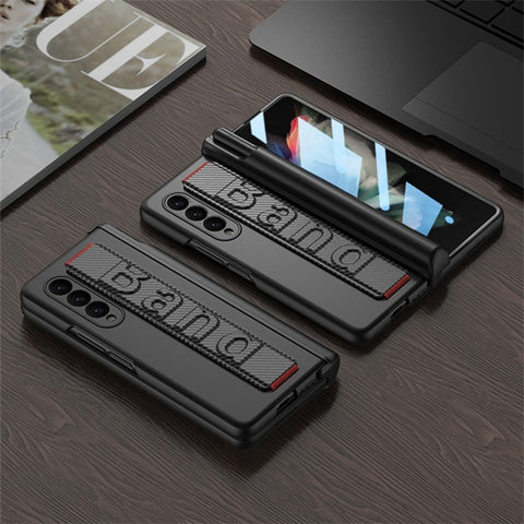 GKK For Samsung Galaxy Z Fold3 5G Magnetic Hinge Hard PC Case Full Protection Anti-Resistant Wristband Phone Cover with Tempered Glass Film and Pen Holder