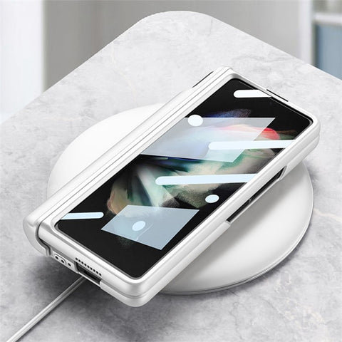 GKK For Samsung Galaxy Z Fold3 5G Magnetic Hinge Hard PC Case Full Protection Anti-Resistant Wristband Phone Cover with Tempered Glass Film and Pen Holder