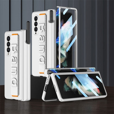GKK For Samsung Galaxy Z Fold3 5G Magnetic Hinge Hard PC Case Full Protection Anti-Resistant Wristband Phone Cover with Tempered Glass Film and Pen Holder