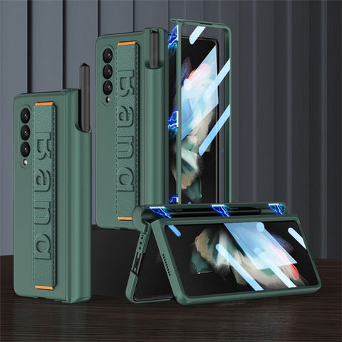 GKK For Samsung Galaxy Z Fold3 5G Magnetic Hinge Hard PC Case Full Protection Anti-Resistant Wristband Phone Cover with Tempered Glass Film and Pen Holder