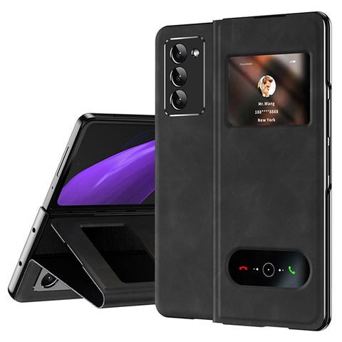 For Samsung Galaxy Z Fold2 5G View Window Design Nappa Texture PU Leather + PC Phone Stand Case Anti-drop Anti-scratch Cover