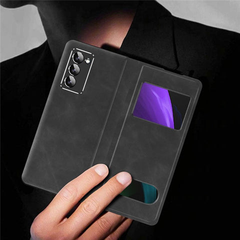 For Samsung Galaxy Z Fold2 5G View Window Design Nappa Texture PU Leather + PC Phone Stand Case Anti-drop Anti-scratch Cover