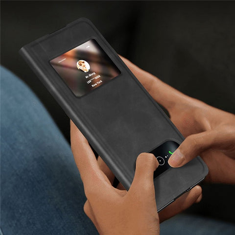 For Samsung Galaxy Z Fold2 5G View Window Design Nappa Texture PU Leather + PC Phone Stand Case Anti-drop Anti-scratch Cover