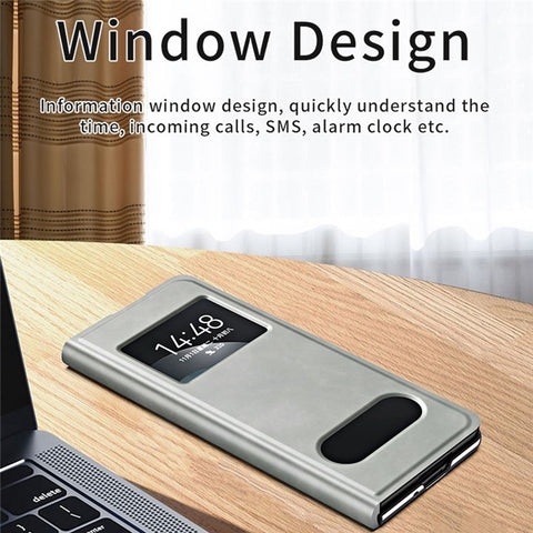 For Samsung Galaxy Z Fold2 5G View Window Design Nappa Texture PU Leather + PC Phone Stand Case Anti-drop Anti-scratch Cover