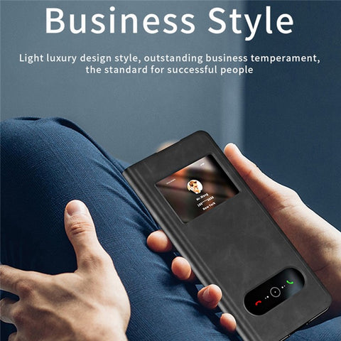 For Samsung Galaxy Z Fold2 5G View Window Design Nappa Texture PU Leather + PC Phone Stand Case Anti-drop Anti-scratch Cover
