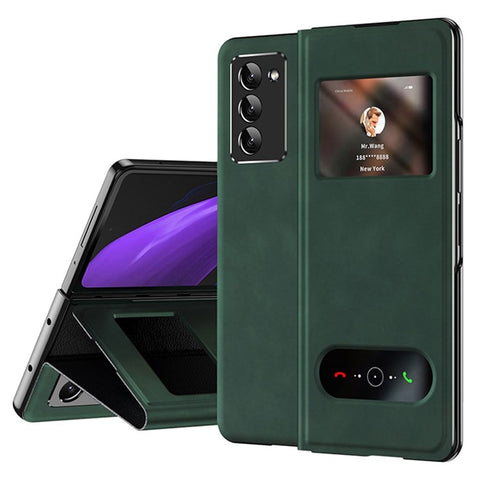 For Samsung Galaxy Z Fold2 5G View Window Design Nappa Texture PU Leather + PC Phone Stand Case Anti-drop Anti-scratch Cover
