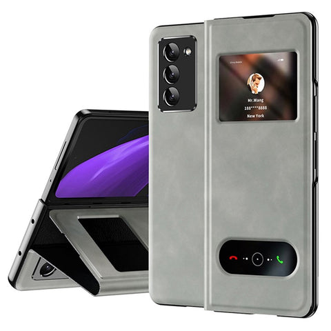 For Samsung Galaxy Z Fold2 5G View Window Design Nappa Texture PU Leather + PC Phone Stand Case Anti-drop Anti-scratch Cover
