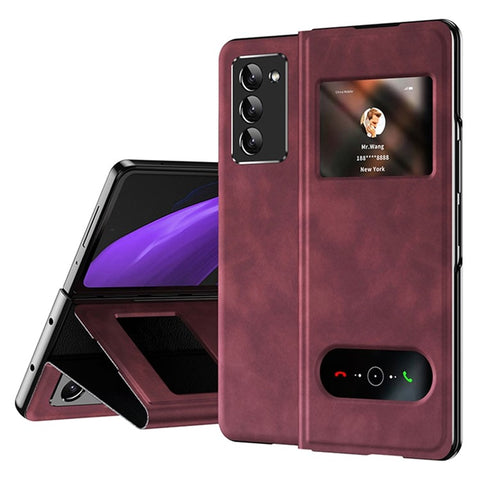 For Samsung Galaxy Z Fold2 5G View Window Design Nappa Texture PU Leather + PC Phone Stand Case Anti-drop Anti-scratch Cover