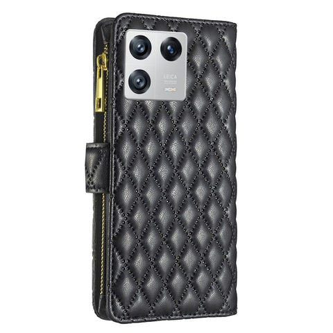 BINFEN COLOR BF Style-15 for Xiaomi 13 Imprinted Rhombus Pattern Zipper Pocket Case PU Leather Wallet Stand Phone Cover with Strap