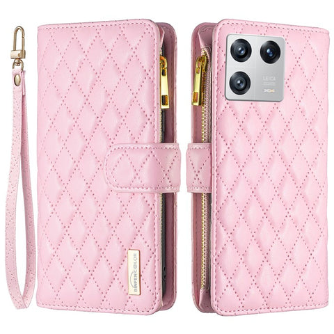 BINFEN COLOR BF Style-15 for Xiaomi 13 Imprinted Rhombus Pattern Zipper Pocket Case PU Leather Wallet Stand Phone Cover with Strap