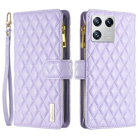 BINFEN COLOR BF Style-15 for Xiaomi 13 Imprinted Rhombus Pattern Zipper Pocket Case PU Leather Wallet Stand Phone Cover with Strap