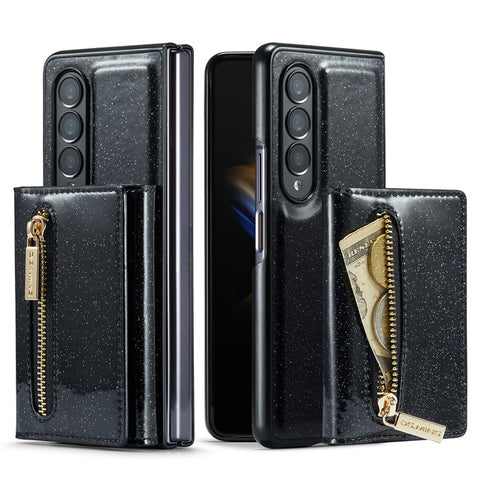 DG.MING M3 Series For Samsung Galaxy Z Fold3 5G 2-in-1 Glittery PU Leather Coated PC+TPU Anti-collision Back Case Magnetic Detachable Zipper Wallet Phone Cover with Kickstand