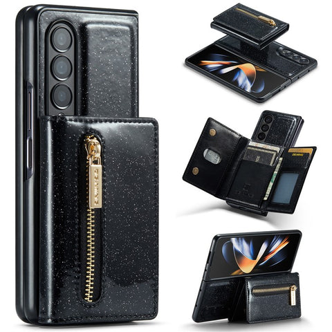 DG.MING M3 Series For Samsung Galaxy Z Fold3 5G 2-in-1 Glittery PU Leather Coated PC+TPU Anti-collision Back Case Magnetic Detachable Zipper Wallet Phone Cover with Kickstand