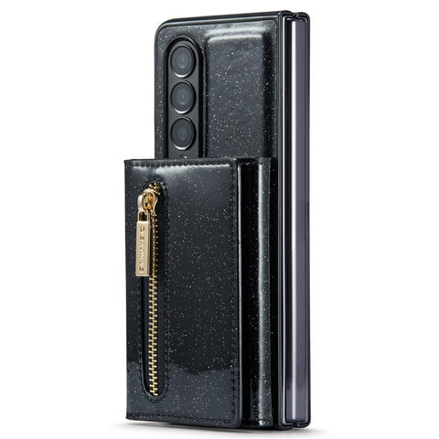 DG.MING M3 Series For Samsung Galaxy Z Fold3 5G 2-in-1 Glittery PU Leather Coated PC+TPU Anti-collision Back Case Magnetic Detachable Zipper Wallet Phone Cover with Kickstand