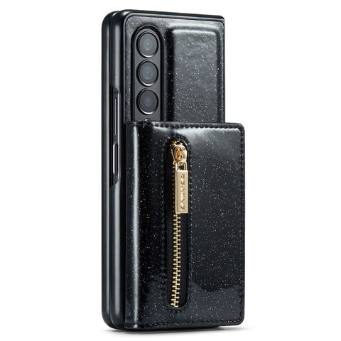 DG.MING M3 Series For Samsung Galaxy Z Fold3 5G 2-in-1 Glittery PU Leather Coated PC+TPU Anti-collision Back Case Magnetic Detachable Zipper Wallet Phone Cover with Kickstand