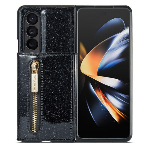 DG.MING M3 Series For Samsung Galaxy Z Fold3 5G 2-in-1 Glittery PU Leather Coated PC+TPU Anti-collision Back Case Magnetic Detachable Zipper Wallet Phone Cover with Kickstand