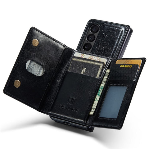 DG.MING M3 Series For Samsung Galaxy Z Fold3 5G 2-in-1 Glittery PU Leather Coated PC+TPU Anti-collision Back Case Magnetic Detachable Zipper Wallet Phone Cover with Kickstand