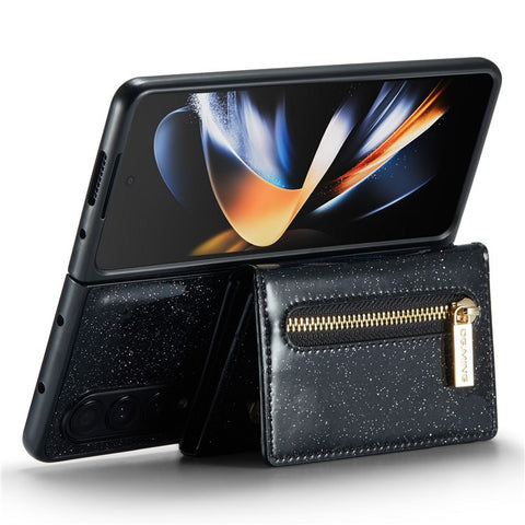 DG.MING M3 Series For Samsung Galaxy Z Fold3 5G 2-in-1 Glittery PU Leather Coated PC+TPU Anti-collision Back Case Magnetic Detachable Zipper Wallet Phone Cover with Kickstand