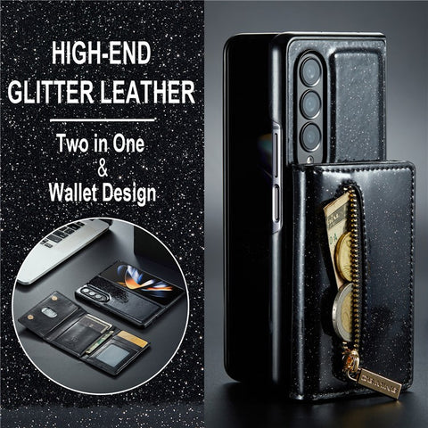 DG.MING M3 Series For Samsung Galaxy Z Fold3 5G 2-in-1 Glittery PU Leather Coated PC+TPU Anti-collision Back Case Magnetic Detachable Zipper Wallet Phone Cover with Kickstand