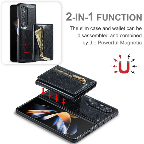 DG.MING M3 Series For Samsung Galaxy Z Fold3 5G 2-in-1 Glittery PU Leather Coated PC+TPU Anti-collision Back Case Magnetic Detachable Zipper Wallet Phone Cover with Kickstand