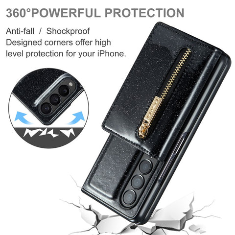 DG.MING M3 Series For Samsung Galaxy Z Fold3 5G 2-in-1 Glittery PU Leather Coated PC+TPU Anti-collision Back Case Magnetic Detachable Zipper Wallet Phone Cover with Kickstand