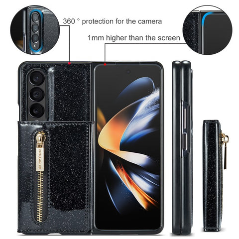 DG.MING M3 Series For Samsung Galaxy Z Fold3 5G 2-in-1 Glittery PU Leather Coated PC+TPU Anti-collision Back Case Magnetic Detachable Zipper Wallet Phone Cover with Kickstand