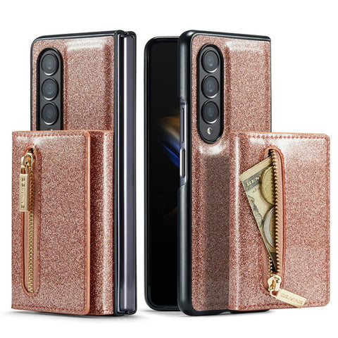 DG.MING M3 Series For Samsung Galaxy Z Fold3 5G 2-in-1 Glittery PU Leather Coated PC+TPU Anti-collision Back Case Magnetic Detachable Zipper Wallet Phone Cover with Kickstand
