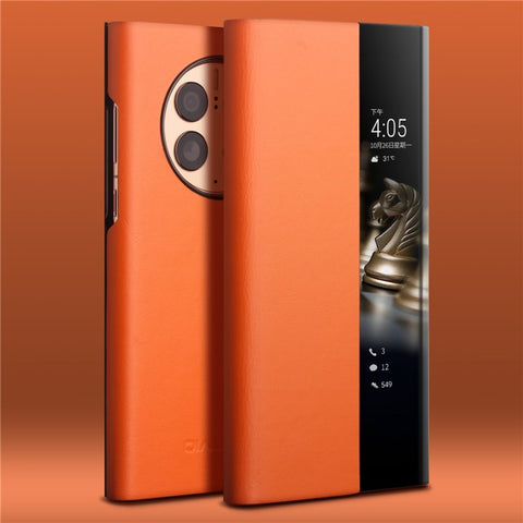 QIALINO Ultra-Thin Phone Case for Huawei Mate 50 4G Genuine Cowhide Leather Cover Anti-Drop Shockproof Case with Smart View Window