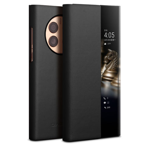 QIALINO Ultra-Thin Phone Case for Huawei Mate 50 4G Genuine Cowhide Leather Cover Anti-Drop Shockproof Case with Smart View Window