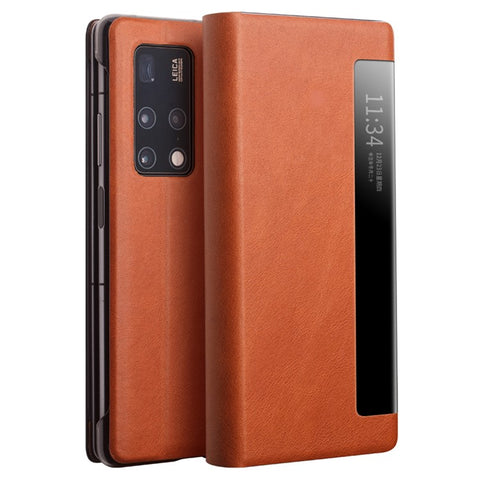 QIALINO Shockproof Cover for Huawei Mate X2 Genuine Cowhide Leather Phone Case Anti-Fall Phone Case with View Window