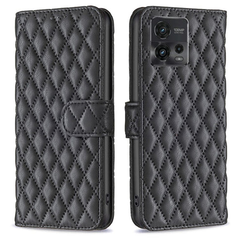 BINFEN COLOR BF Style-14 For Motorola Moto G72 4G Imprinted Rhombus Pattern Phone Case PU Leather Wallet Stand Shockproof Cell Phone Cover