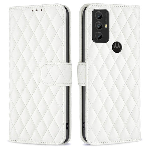 BINFEN COLOR BF Style-14 For Motorola Moto G Play (2023) 4G Imprinted Rhombus Pattern Scratch-resistant Phone Case PU Leather Flip Wallet Stand Cover