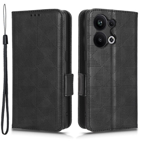 For Oppo Reno9 Pro+ 5G Imprinted Triangle Pattern PU Leather Protective Phone Cover Flip Wallet Stand Case with Hand Strap